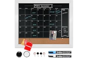 Loddie Doddie 18x24 White Framed Chalkboard Calendar and Bulletin Combo Board. Includes Chalk Markers, Push-Pins and Magnets. Blackboard - Calendar - Cork Board. Perfect for Organizing Your Space