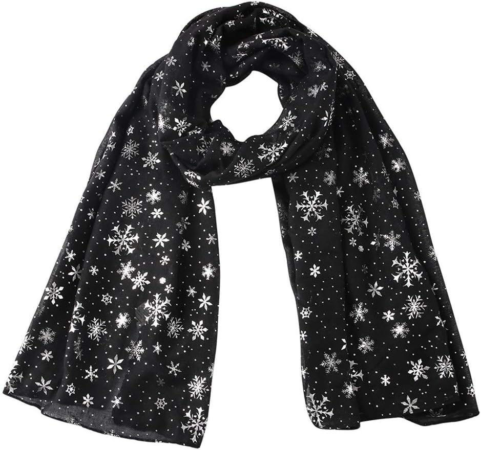 Women Christmas Scarf Glitter Snow Sparkle Print Scarf Fashion Scarves Ladies Party Wedding Fashion Wrap (Black)