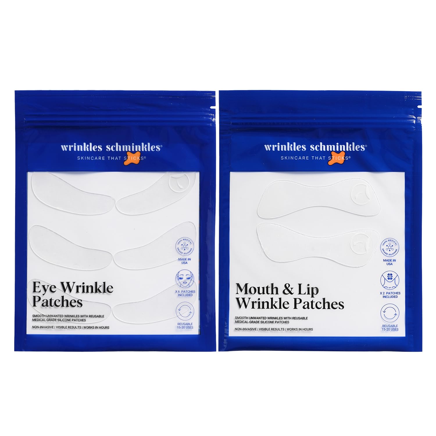 Wrinkles Schminkles Eye & Mouth Lift Set | Mouth & Lip Wrinkle Patch 2-Pack & Eye Wrinkle Patches 3-Pairs | Reusable Medical Grade Silicone Patches