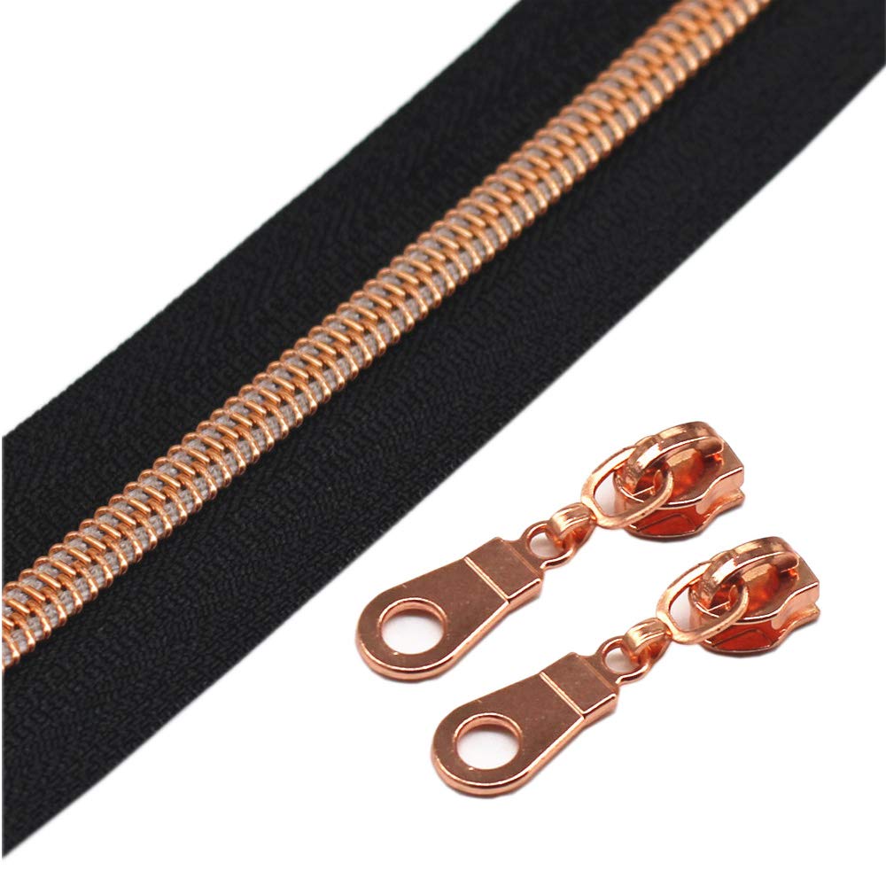 YaHoGa #5 Rose Gold Metallic Nylon Coil Zippers Continuous Zipper Black Tape (9 Meters + 25pcs Sliders) for Sewing Tailor DIY Craft Bag (Rose Gold Black)