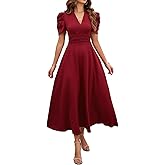 Krumba Women V-Neck Summer Dress: Puff Short Sleeve A-Line Midi for Casual Beach Party - Semi-Formal Maxi for Wedding Guest