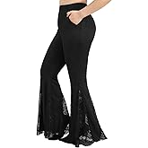 ROSE GAL Plus Size Women High Waisted Flare Pants Lace Patchwork Faux Suede Bell Bottom Pants with Pockets Long Trousers