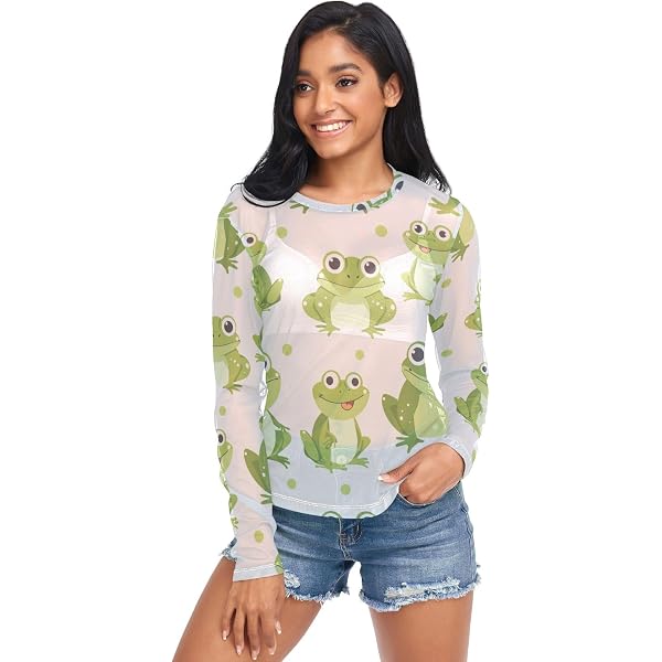 JHKKU See Through Tops Cherry Fruit Mesh Long Sleeve Tee for