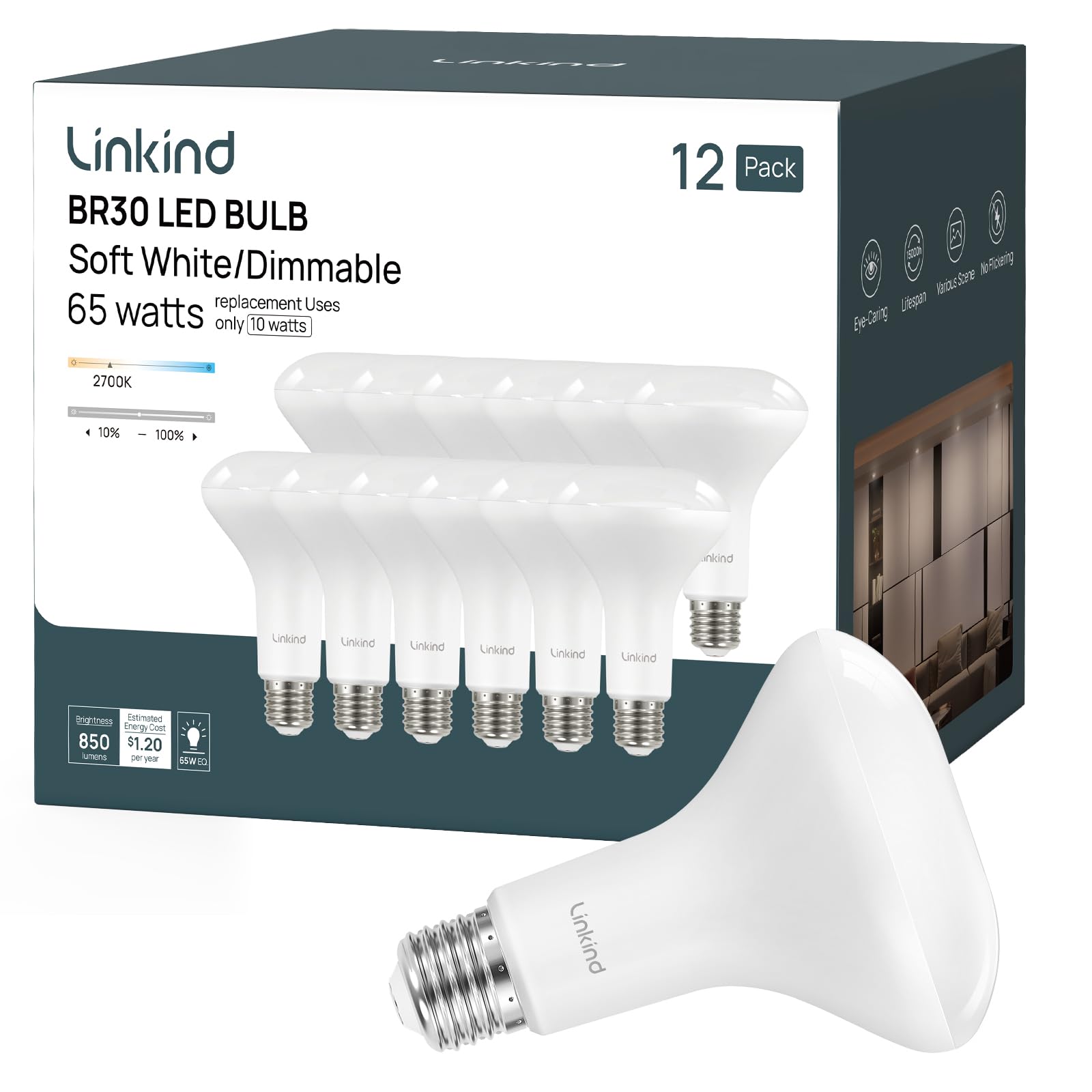 Photo 1 of Linkind BR30 LED Flood Light Bulbs Indoor, 65W Equivalent Dimmable LED Recessed Bulbs, 10W 850 Lumens, 2700K Soft White E26 Base, Recessed Can Light Bulb for Bedroom Dining Room Bathroom, 12 Packs