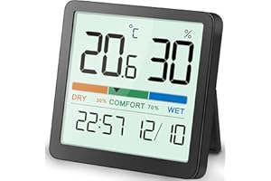 NOKLEAD Hygrometer Indoor Thermometer, Desktop Digital Thermometer with Temperature and Humidity Monitor, Accurate Humidity Gauge Room Thermometer with Clock (Black)