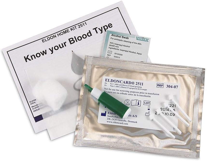 Five Pack of EldonCard Home Blood Type Test Kit (Complete Kit) Sealed Envelope, Safety Lancet, Mircopippette & Cleansing Swab