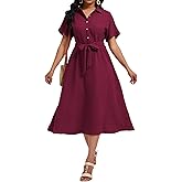 RuoRayVan Women's Summer Casual Button Down V Neck Short Sleeve Smocked High Waist A-Line Elegant Belted Midi Dress