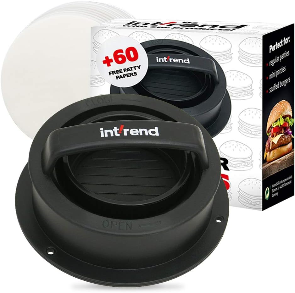 int!rend 3 in 1 Burgerpresse - Hamburger selber machen | Burgermaxi Set | 60 Patty Papers | Küchenutensilien | Grillzubehör | Hamburgerpresse | Burger Press pressen | Schwarz