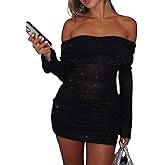 evonvola Women Sexy Off Shoulder Bodycon Ruched Mini Dress Mesh Sheer Sparkly Flared Long Sleeve Y2K Dress Date Night Dresses