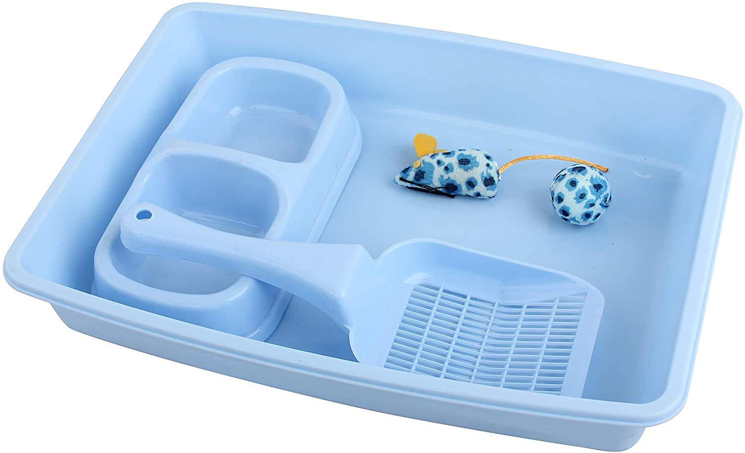 PAWISE Cat Accessories Set of 4 Cat Accessories Including Litter Tray, Litter Scoop, Bowl and Kitten Toy, Kitty Starter Kit, 14.5 x 10.5 Inches, Blue
