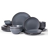 Famiware Venus Plates and Bowls Sets, 18 Pieces Stoneware Dinnerware Sets, Speckled Dishes Set for 6, Microwave and Dishwasher Safe, Matte Charcoal