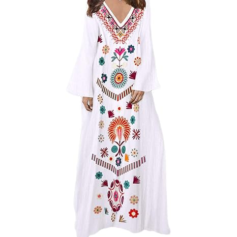 SMILEQ Ausverkauf Damen Mädchen Herbst Printed Long Sleeve V-Ausschnitt Maxikleid Hem Baggy Kaftan Langes Kleid