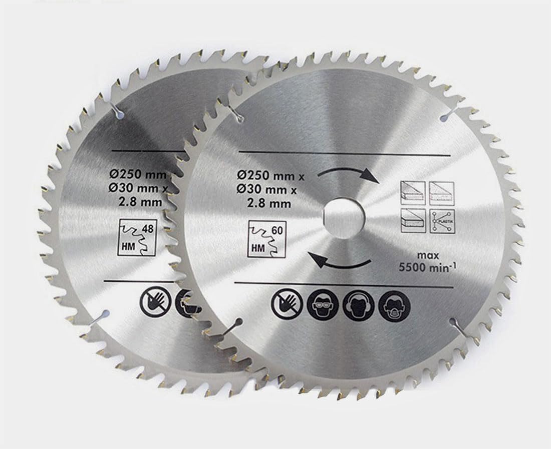 250mm Circular Saw Blade, TCT High Carbide Alloy 2Pcs 48T, 60T x 30mm Bore Saw Disc Blade,High Hardened Sharp Circular Saw Blade for Natural Hard Soft Abrasive Wood Veneered Plywood