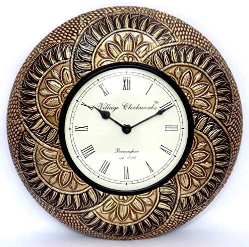 Hindustani Saudagar Stylish Wooden Round Shape Hanging Wall Clock Antique Brass Finish - 12 inch Dia with Wood (Designer Vintage Wall Clock), a Perfect Gift for Any Occasion.