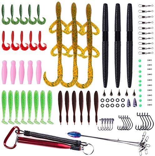 Lureshine 99pcs Fishing Lure Kit Set Including Soft Fishing Bait Artificial Plastic Worm Lures Jig Head Tackle Hooks Swimbait Leader Grub for Saltwater Freshwater Bass Trout Salmon with Tackle Box