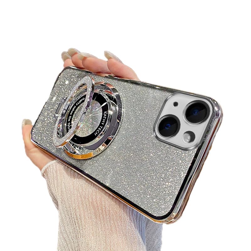 SIYOPINPFY Case for iPhone 16 Pro, Glitter Sparkly Deluxe Plating Silicon TPU Soft Cover Lens Protector ∣Wireless Charging Compatible∣ Magnetic Ring Stand Holder Cover for iPhone 16 Pro Shiny Silver