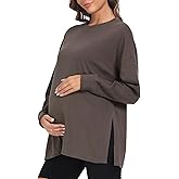 BBHoping Women's Maternity Shirts Casual Split Side Pregnancy Clothes Long Sleeve Round Neck Loose Maternity Tops