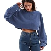 Amazhiyu Womens Washed High Cropped Sweatshirt Pullover Crew Neck Fall Crop Top