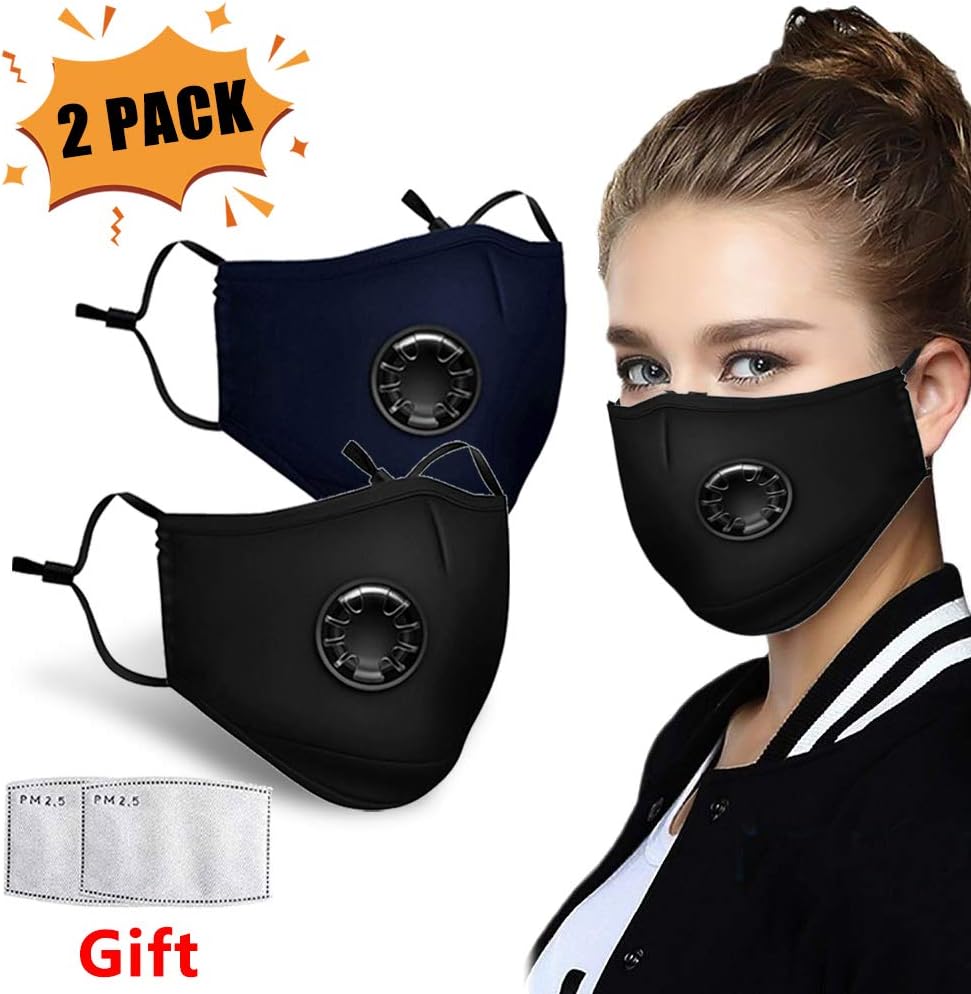 Anti PM2.5 Breathing Mask, Dust Mask Mouth Respirator, Reuseable Carbon Activated Air Filter Face Mask with 2 replaceable filters for Pollution Smoke Allergy Mask 2 Pack
