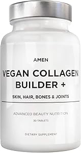 Amen Once Daily Vegan Collagen Boosting Tablets for Hair Skin & Nail Health, Plant Based Collagen Supplement with Organic Whole Foods Amino Acids Lysine Glycine Proline Vitamin C Biotin, 30 Tablets