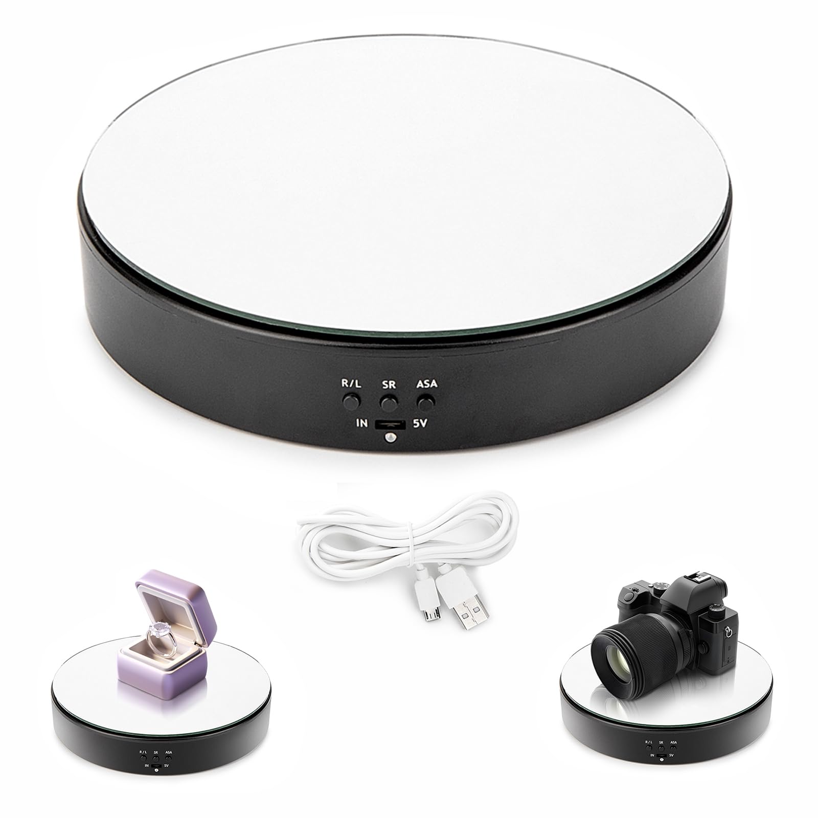 Leadleds Motorized Photography Turntable, 7.7" Black Top Mirror USB and Battery Operated Rotating Display Stand for Product Display, Video Shooting