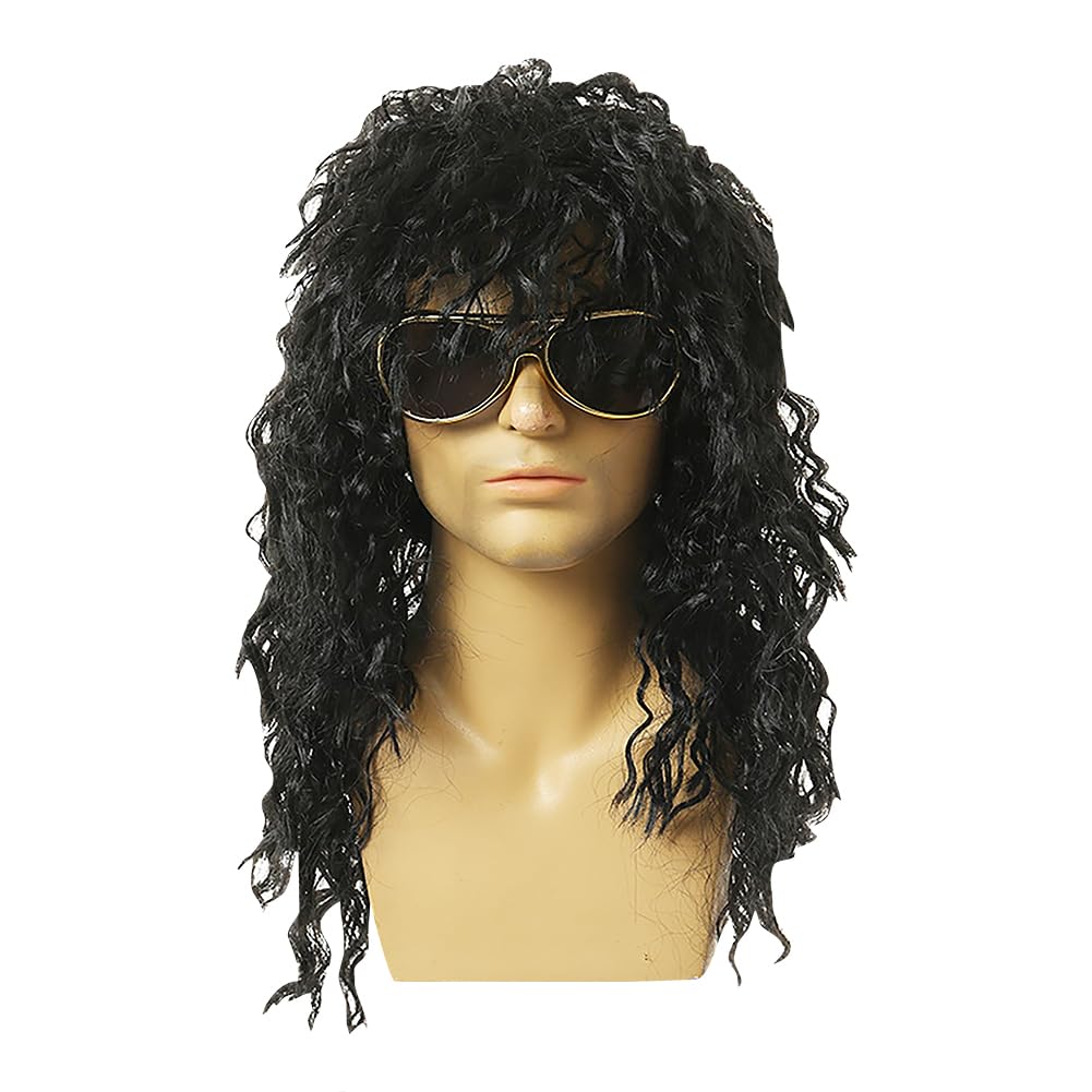 JIHUOO Mens 80s Black Wig Punk Rocker Wig 70s Retro Style Wig Funky Punk Wig Long Hippie Wig Fancy Dress Wig Halloween Cosplay Wig for Men Women