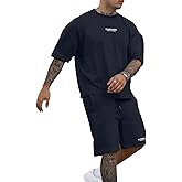 Epoleatries Men's 2 Piece Outfits Letter Drop Shoulder Oversize Tee Shirt Shorts Set Athletic Jogging Summer Tracksuit