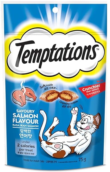 TEMPTATIONS CLASSIC CRUNCHY AND SOFT CAT TREATS SAVORY SALMON FLAVOR, 3 OZ. POUCH
