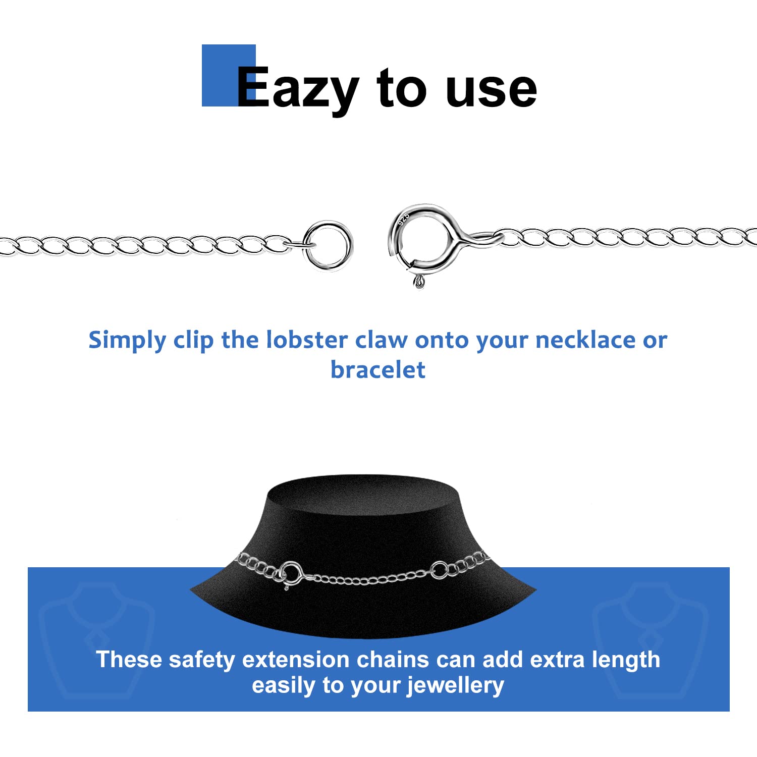 4Pcs 925 Sterling Silver Necklace Extender, Chain Extenders Bracelet Anklet Extension for Women Multiple Necklaces Jewelry (1”, 2”, 3”, 4”)