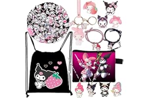 EMISOO Kuromi and My Melody Gift Set, Cartoon Merch Including 1 Drawstring Bag 1 Keychain 2 Bracelets 2 Necklaces 1 Purse Bag, 50Pcs Sticker, 6 Acrylic Brooches