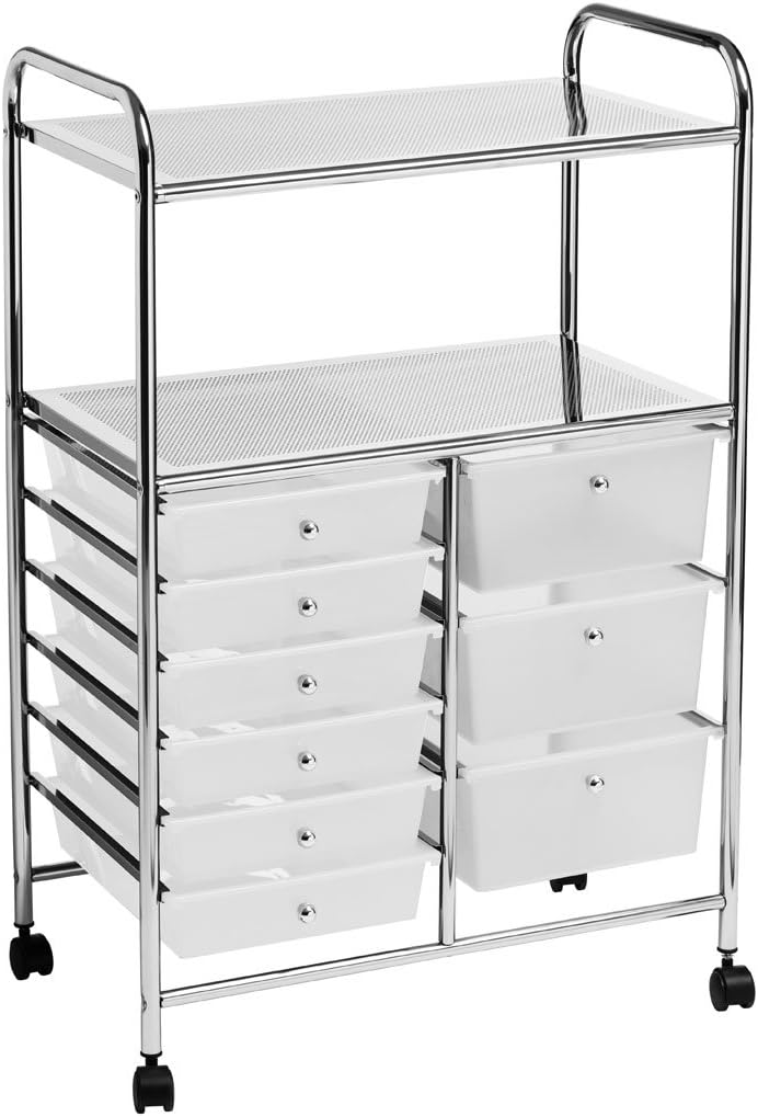 PRIME FURNISHING Trolley 2 Shelf 9 White Plastic Drawers Wheels Home