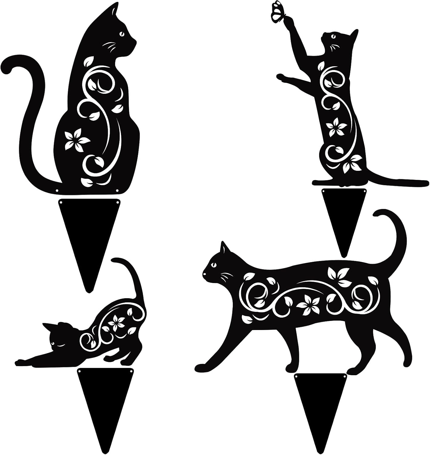 Elcoho 4 Pack Bird Repellent Cat Black Cat Silhouette Metal Cat Decorative Garden Stakes Garden Outdoor Statues Animal Stakes for Yard