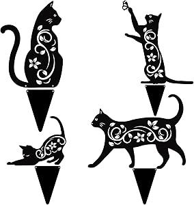 Elcoho 4 Pack Bird Repellent Cat Black Cat Silhouette Metal Cat Decorative Garden Stakes Garden Outdoor Statues Animal Stakes for Yard