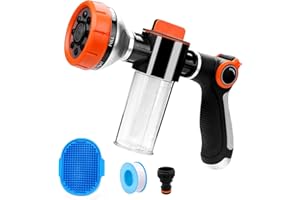 VEEVIIY Pup Dog Wash Jet Hose Attachment Garden Hose Nozzle High Pressure Water Hose Nozzle 8 Way Foam Sprayer with Soap Dispenser Bottle for Watering Plants, Car Washing, Pet Showering Bathing Tool