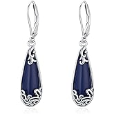 Vintage 925 Sterling Silver Lapis Lazuli Earrings for Women, Genuine Blue Stone Filigree Dangle Leverback Drop Earrings for Everyday Wear/Birthday Christmas Gift for Her