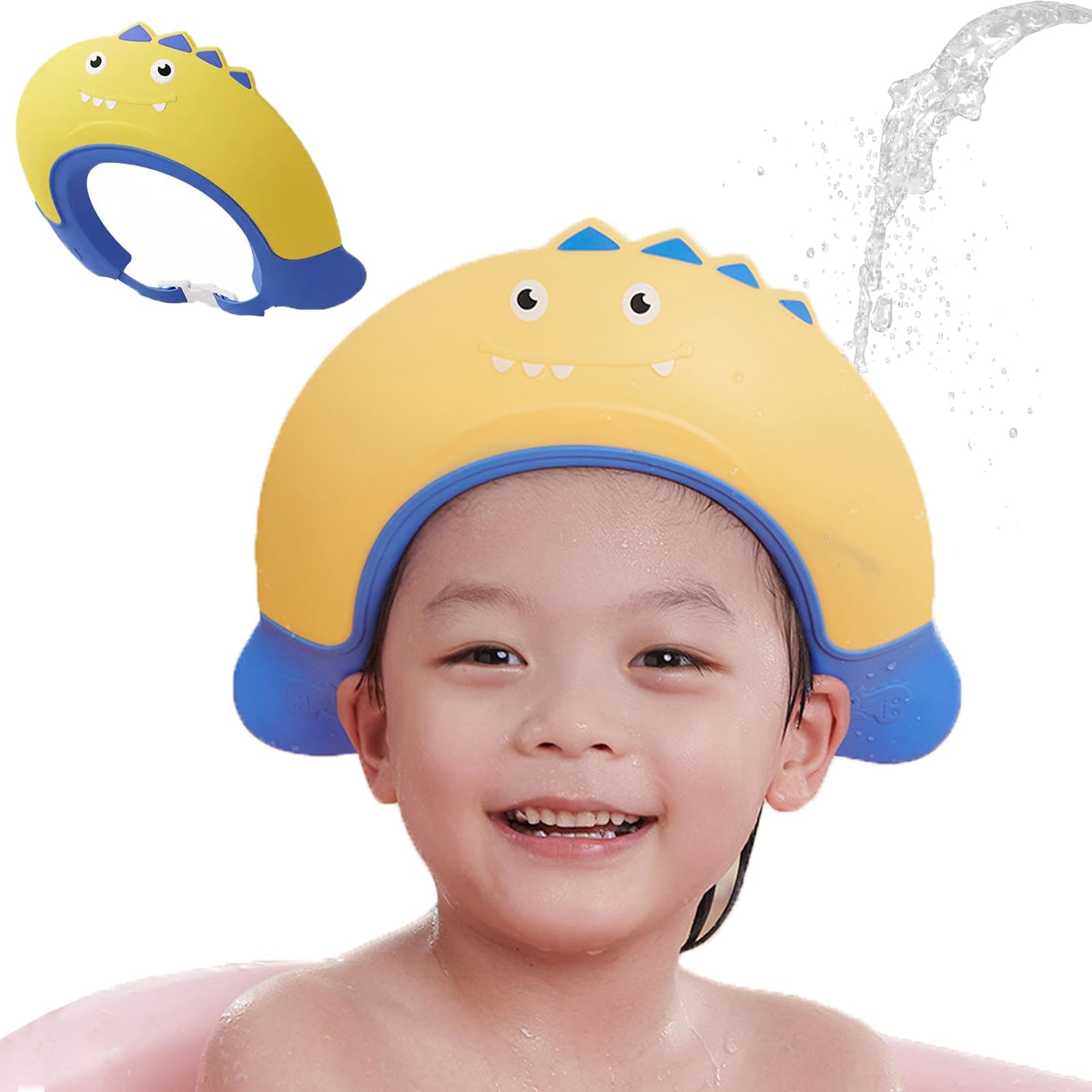 Shower Caps for Kids, KAMHBE Baby Shower Cap Shield Adjustable Crown Hair Washing Shampoo Shield Baby Visor for Eyes, Ears and Face (Yellow-monster)