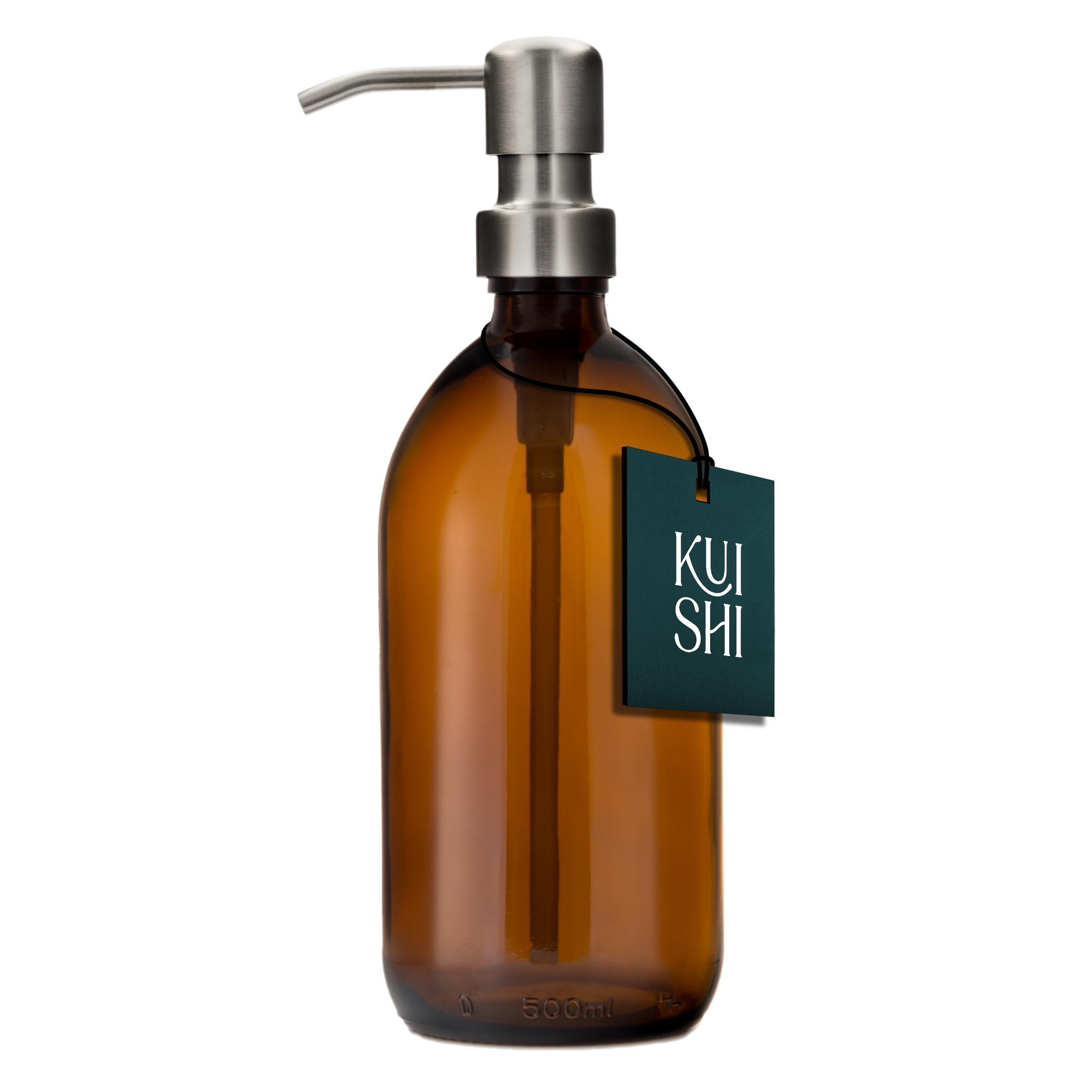 Kuishi Glass Soap Dispenser with Silver Stainless Steel Pump - 500ml Refillable BPA-Free Hand Soap Dispenser for Kitchen & Bathroom, Amber