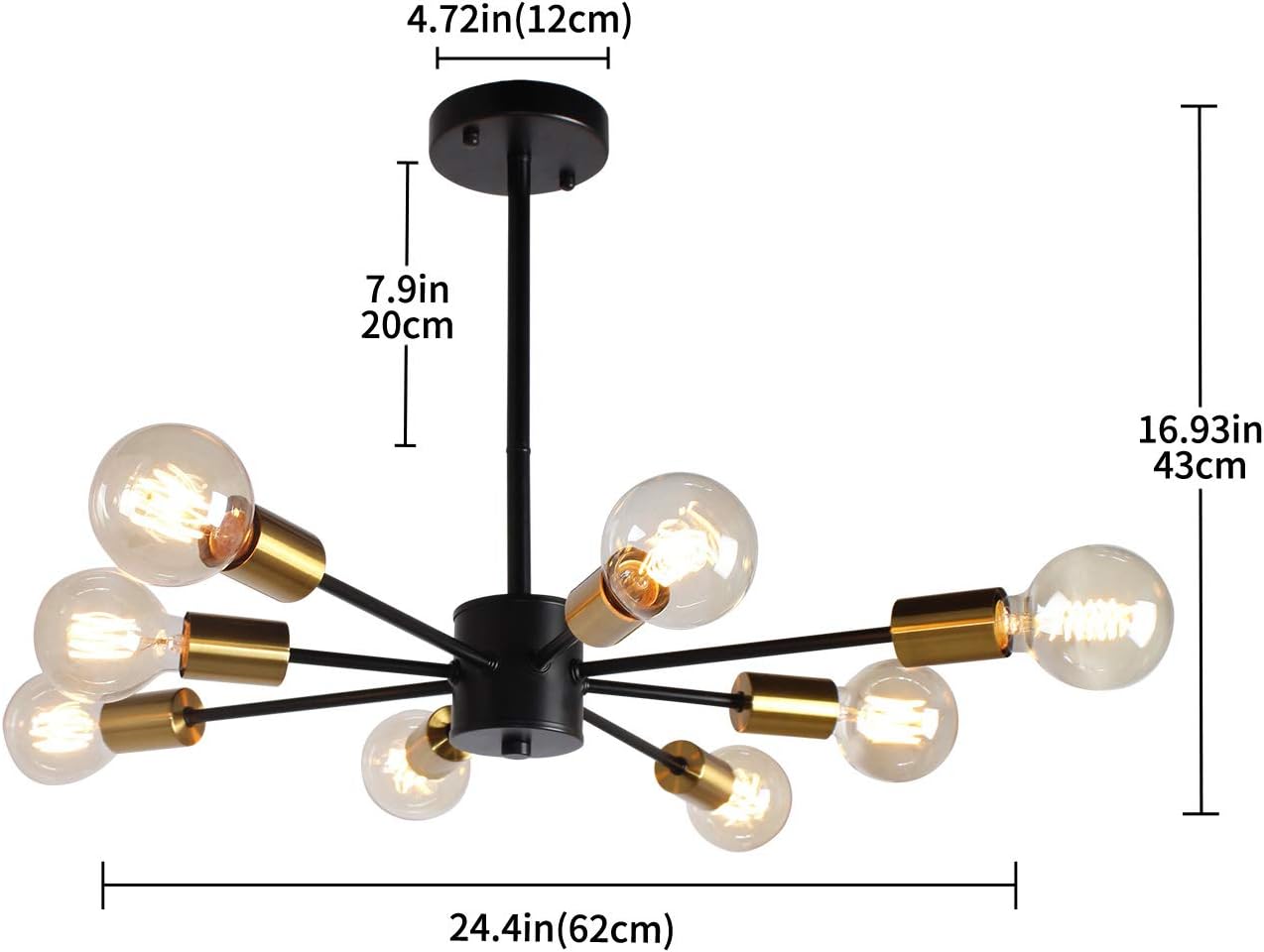JHLBYL Sputnik Chandeliers 8 Lights Modern Pendant Lighting Black Vintage Semi Flush Ceiling Light Fixture for Kitchen Dining Room Living Room, Golden Lamp Holder: Home Improvement