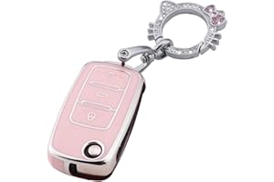 Pangpai Pink Key Fob Cover for VW Volkswagen,Soft TPU Key Case Protection with Bling Keychain Fit for Jetta Golf Polo MK6 Passat Tiguan Beetle