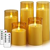 Fo32won Amber LED Flameless Pillar Candles Battery Operated with Remote and Timer, Set of 5 (D 3"×H 4" 5" 6" 8" 8") Decorative Acrylic Flickering Candles with 3D Flame