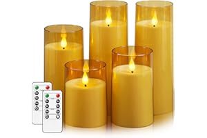 Fo32won Amber LED Flameless Pillar Candles Battery Operated with Remote and Timer, Set of 5 (D 3"×H 4" 5" 6" 8" 8") Decorative Plexiglass Flickering Candles with 3D Flame