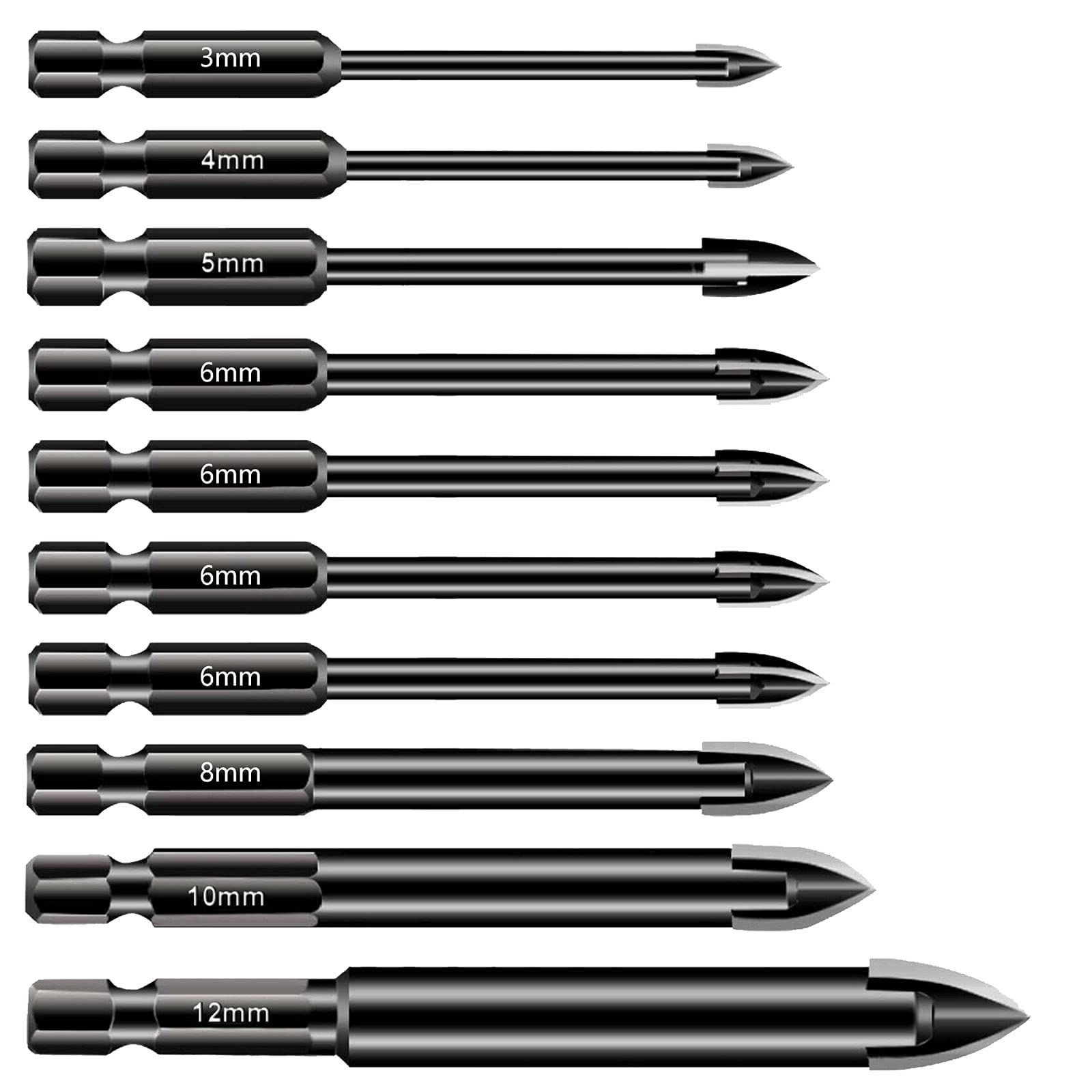 10-Piece Multi-Purpose Hex Shank Tungsten Carbide Drill Bit Set - 3-12mm for Porcelain, Ceramic Tile, Mirrors, Concrete, Brick Wall, Glass