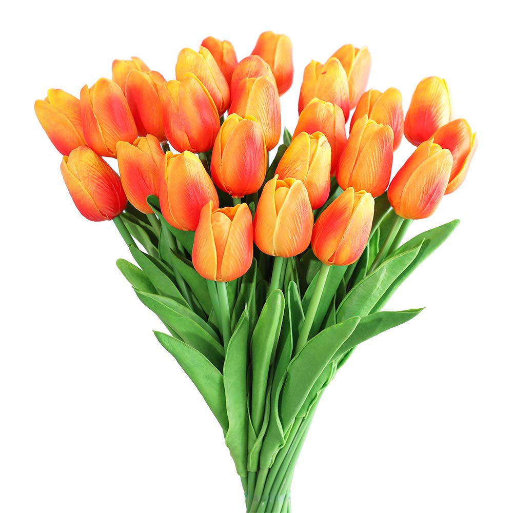 Kisflower 30Pcs Artificial Latex Tulip Flowers Fake Tulips Bouquet Real Touch Flowers for Decor (Red and Yellow)