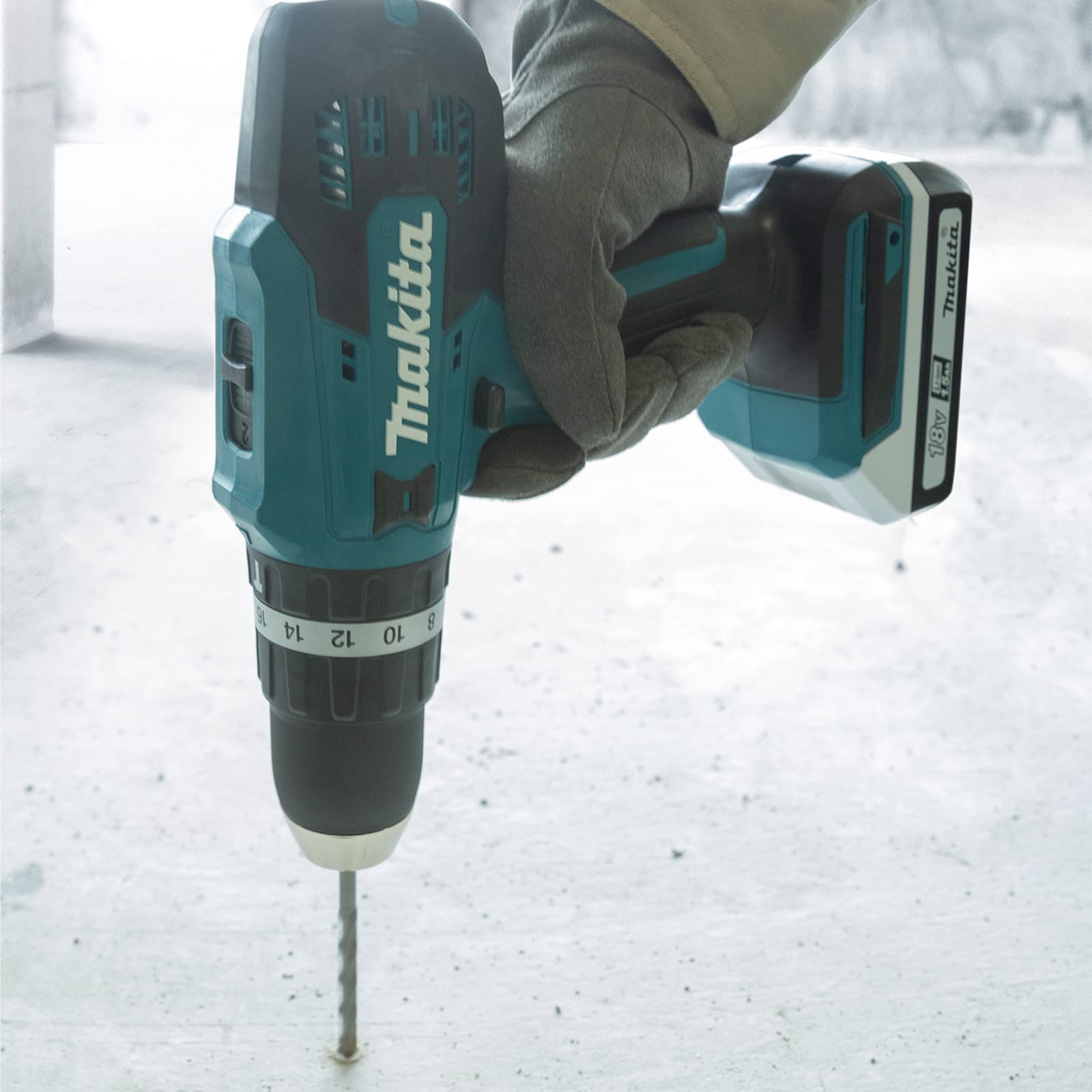 Makita HP488DAEX1 18V G-Series Combi Drill Complete with 2 x 2.0 Ah Batteries, Charger and 74 Piece Bit Set Supplied in a Carry Case, White, Grey