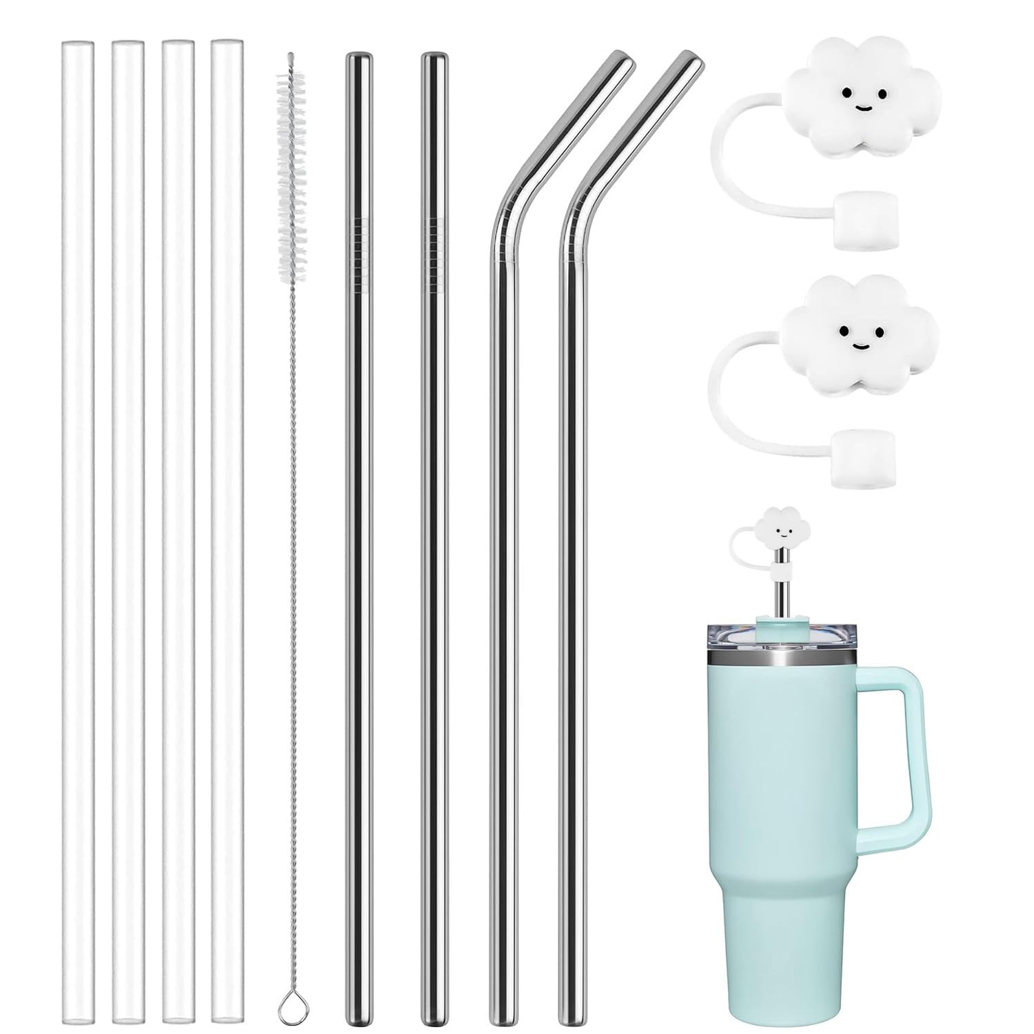 Stanley 8 PCS Reusable Stainless Steel & Silicone Straws with Cleaning Brush and 2 Straw Covers for Adventure Travel Tumbler