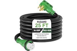 RVGUARD 50 Amp 25 Foot RV Power Cord, 14-50P to SS2-50R Generator Extension Cord, Heavy Duty STW Cord with LED Power Indicator and Cord Organizer, Green, ETL Listed