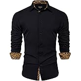 DiBanGu Mens Dress Shirts Solid Long Sleeve Button Down Shirts Regular Fit Inner Contrast Formal Shirts Wedding Business