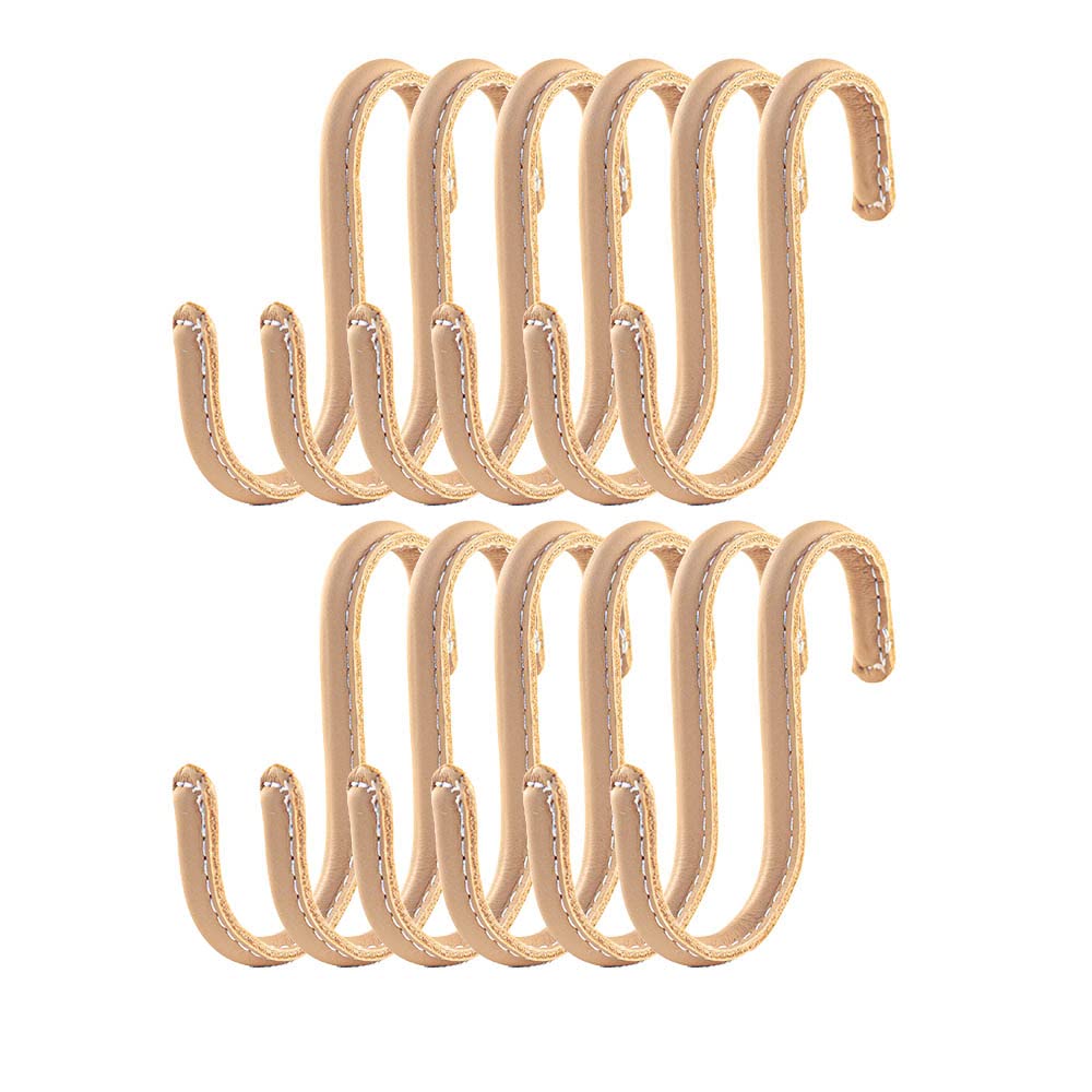 Brute Strength - S Shaped Hooks Wrapped in Full Grain Leather - 12 pcs - Natural - 10 cm Stainless Steel Metal Hangers Hanging Hooks for Kitchen, Work Shop, Bathroom