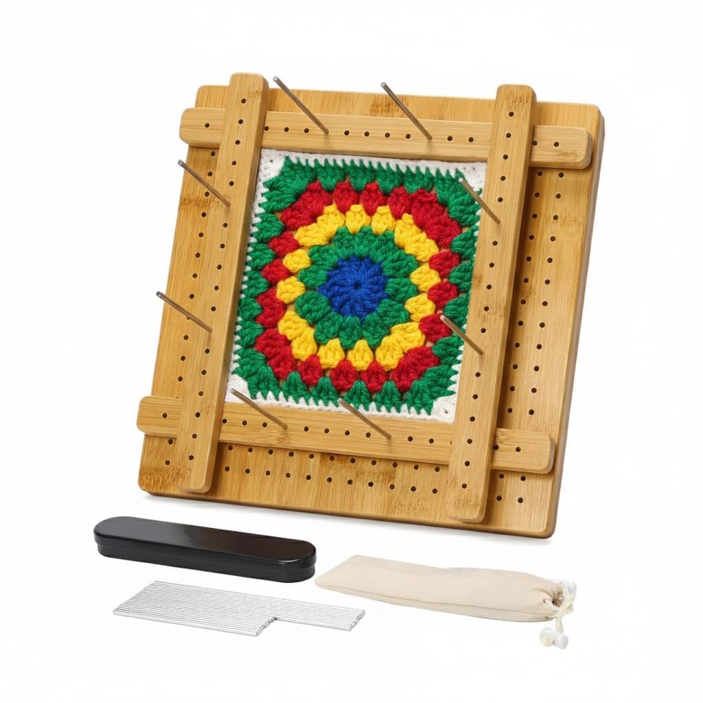 Photo 1 of 10"Crochet Blocking Board - Upgraded Style with 4 Tension Rods and 20 Pegs – Blocking Boards for Crochet Projects, Ideal for Granny Square Card Deck Users
