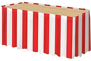 durony 1 Pack Red and White Striped Table Skirt Circus Theme Party Supplies Carnival Table Skirt for Carnival Home Party Decoration, 165 x 30 Inches